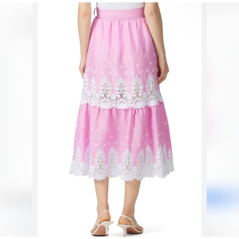 Rent the Runway Pink Linen Lace Eyelet Tiered Midi Skirt Dragonfly Embroidery - Picture 3 of 12